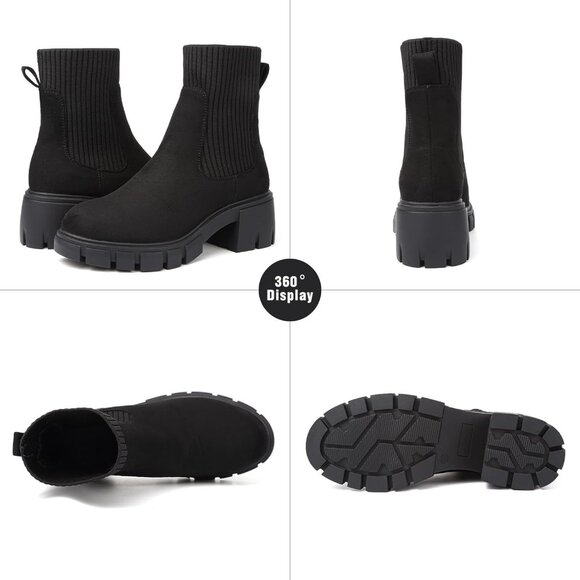 BKWHDAY Women's Black Chelsea Platform Ankle Boots Fashion Chunky Heel - Picture 2 of 7